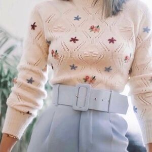 Zara White Floral Knit Turtleneck Sweater